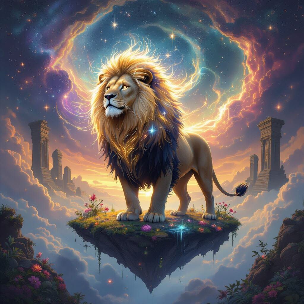 Cosmic Lion on Floating Island in Surreal Style