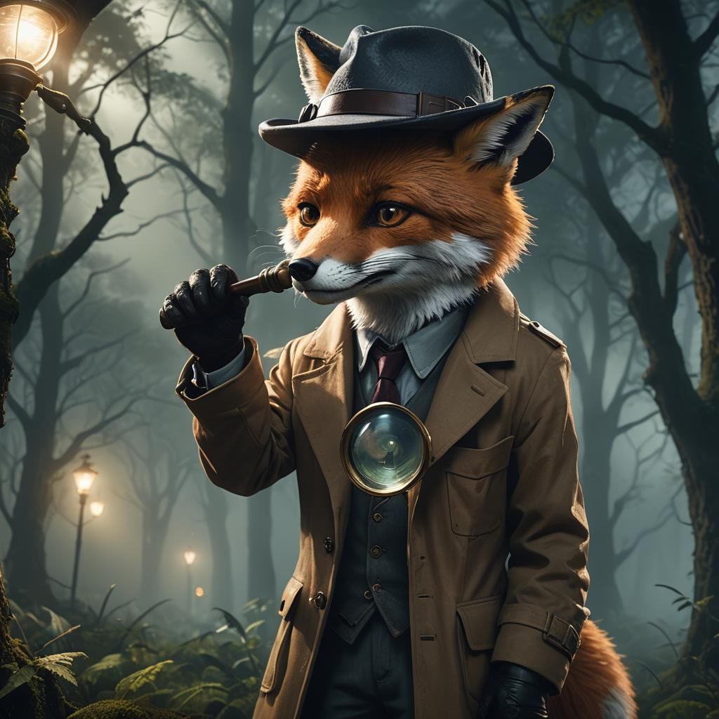 Detective Fox Investigates in Hyperrealistic Forest Scene