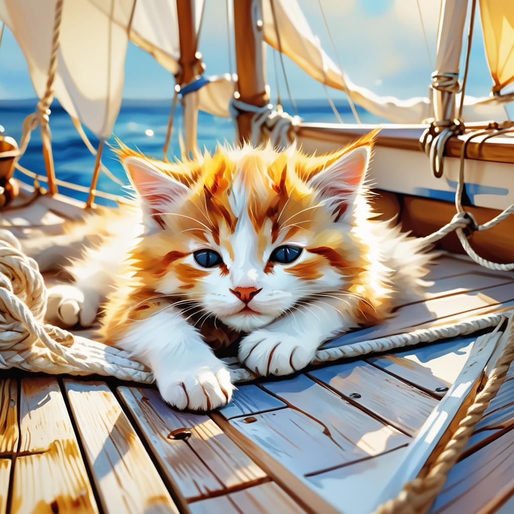Kitten Napping on Sailboat in Watercolor Style