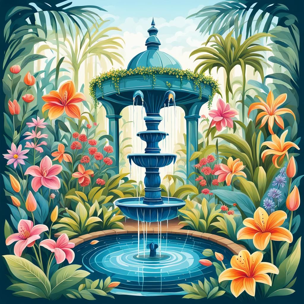 Secret Flower Garden Botanical Illustration with Fountain