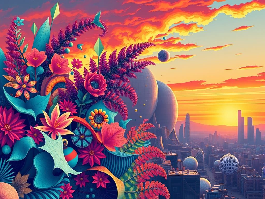 Vibrant Cubist Botanicals in Futuristic Bubble Arcology