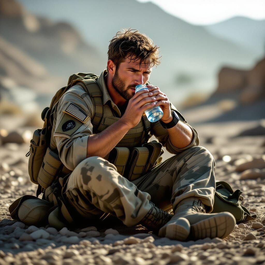 Exhausted Soldier Drinking Water in Cinematic Lighting