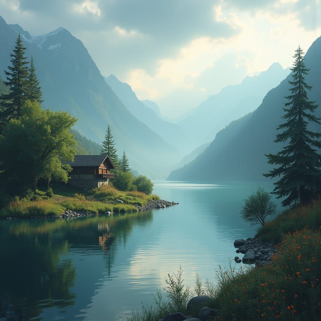 Picturesque Lake and Mountain Landscape in Romantic Style
