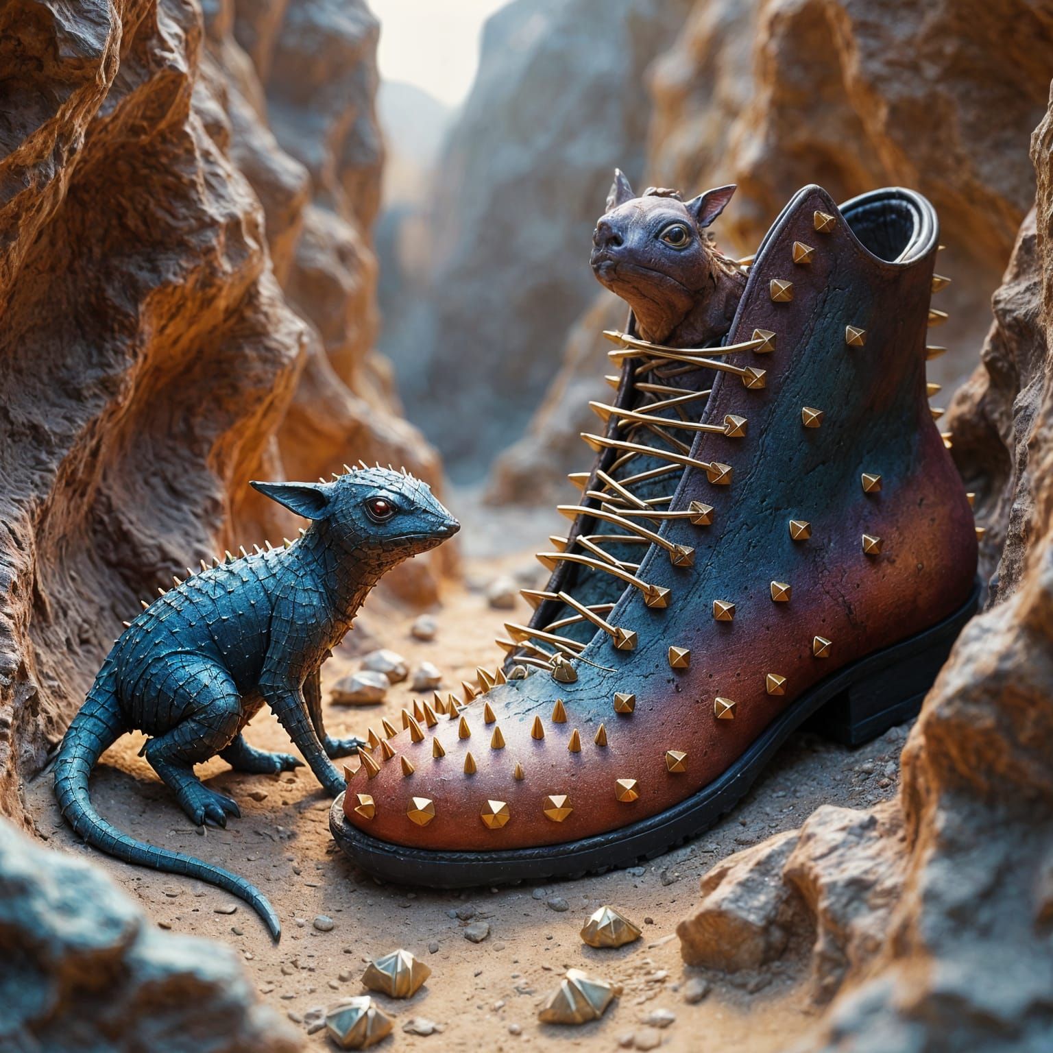 Spiked Shoe and Origami Statue in Ukiyo Style