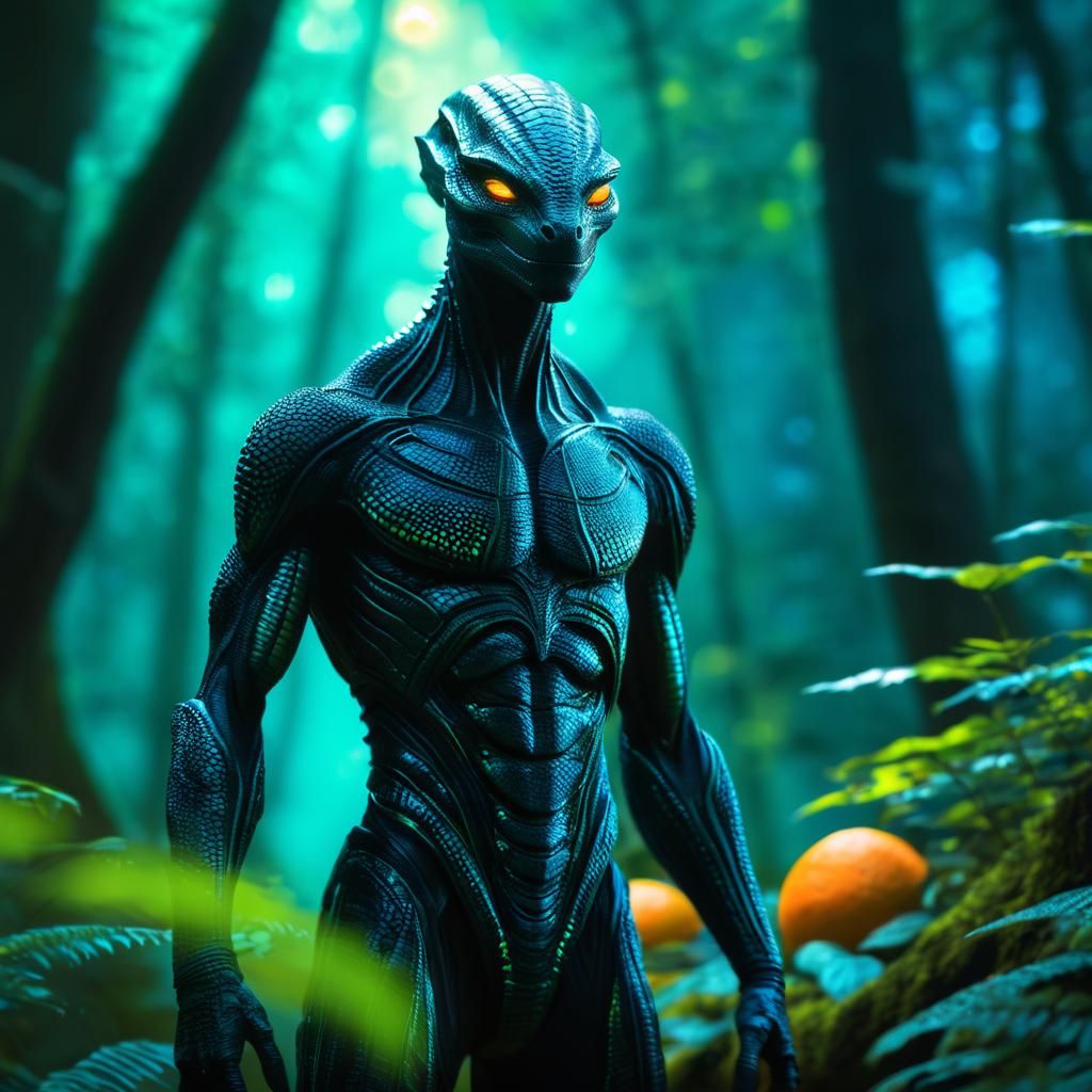 Reptilian Alien in Bioluminescent Forest: Fantasy Art