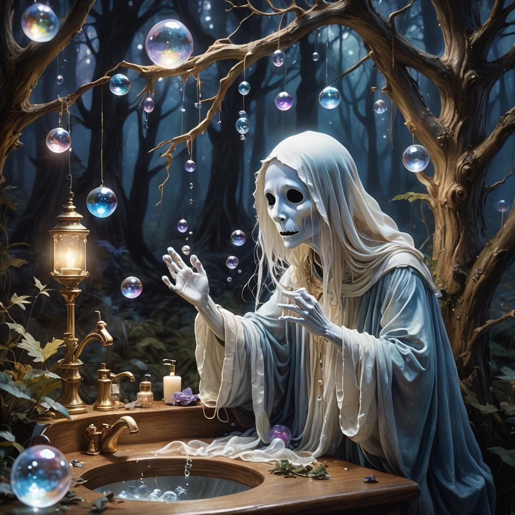 Cute Ghost Washing Face in Moonlit Forest