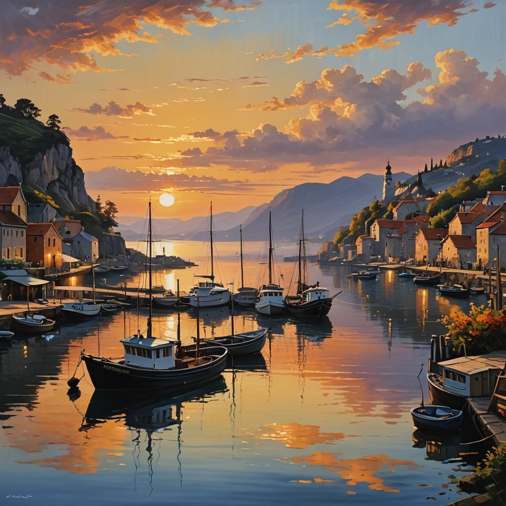 Beautiful Sunset Harbor: A Realistic Nature Painting