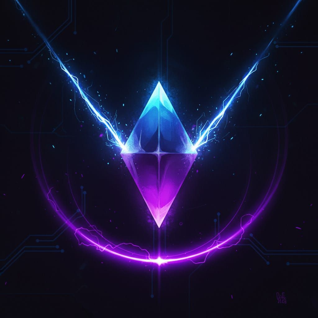 Blue Crystal Emitting Energy Beams on Black Background