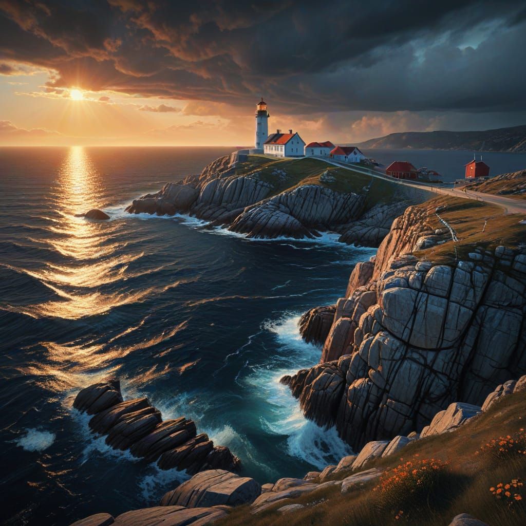 Impressionistic Oil Painting of Lindesnes Lighthouse at Dawn