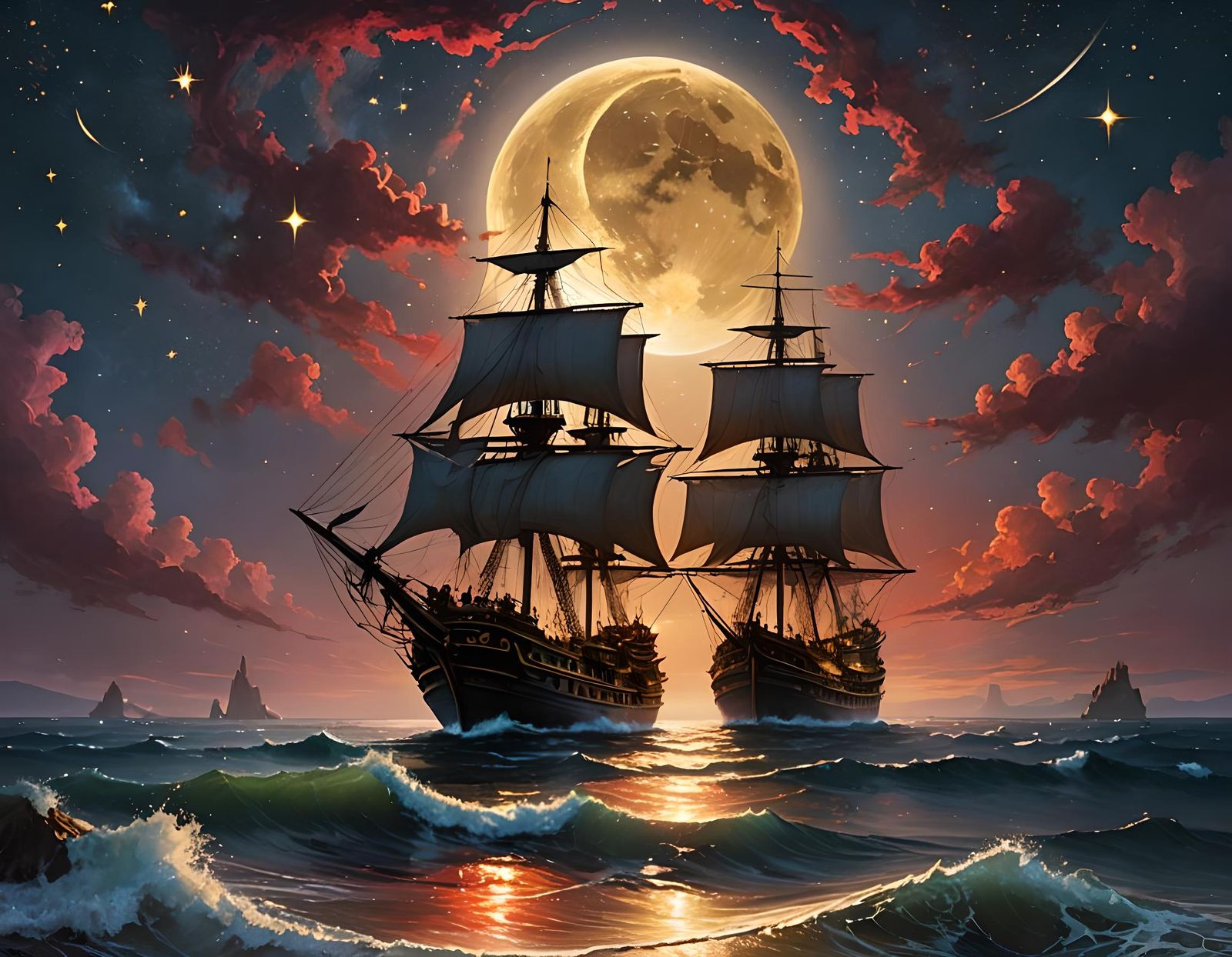 Glittering Gold Pirate Ship Under Ruby Starry Sky