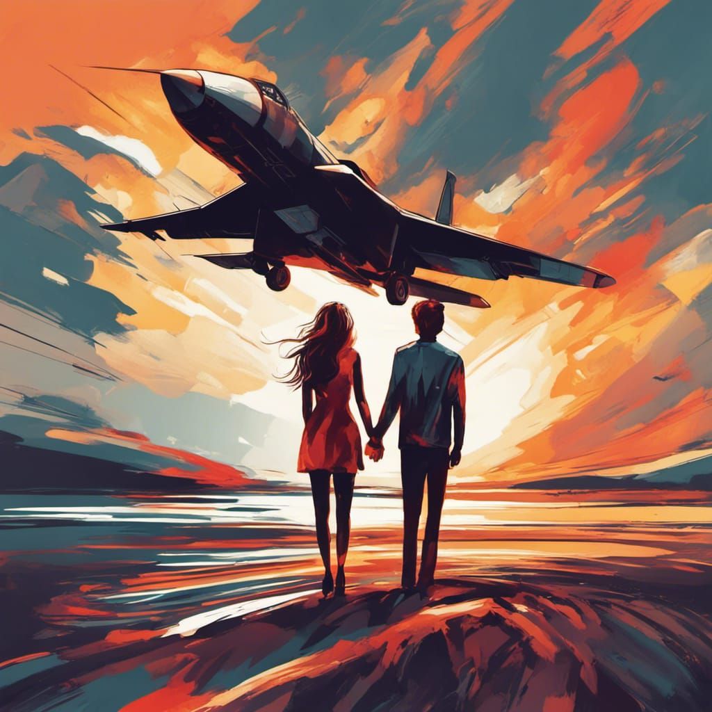 Couple at Sunset with Jets: Abstract Art