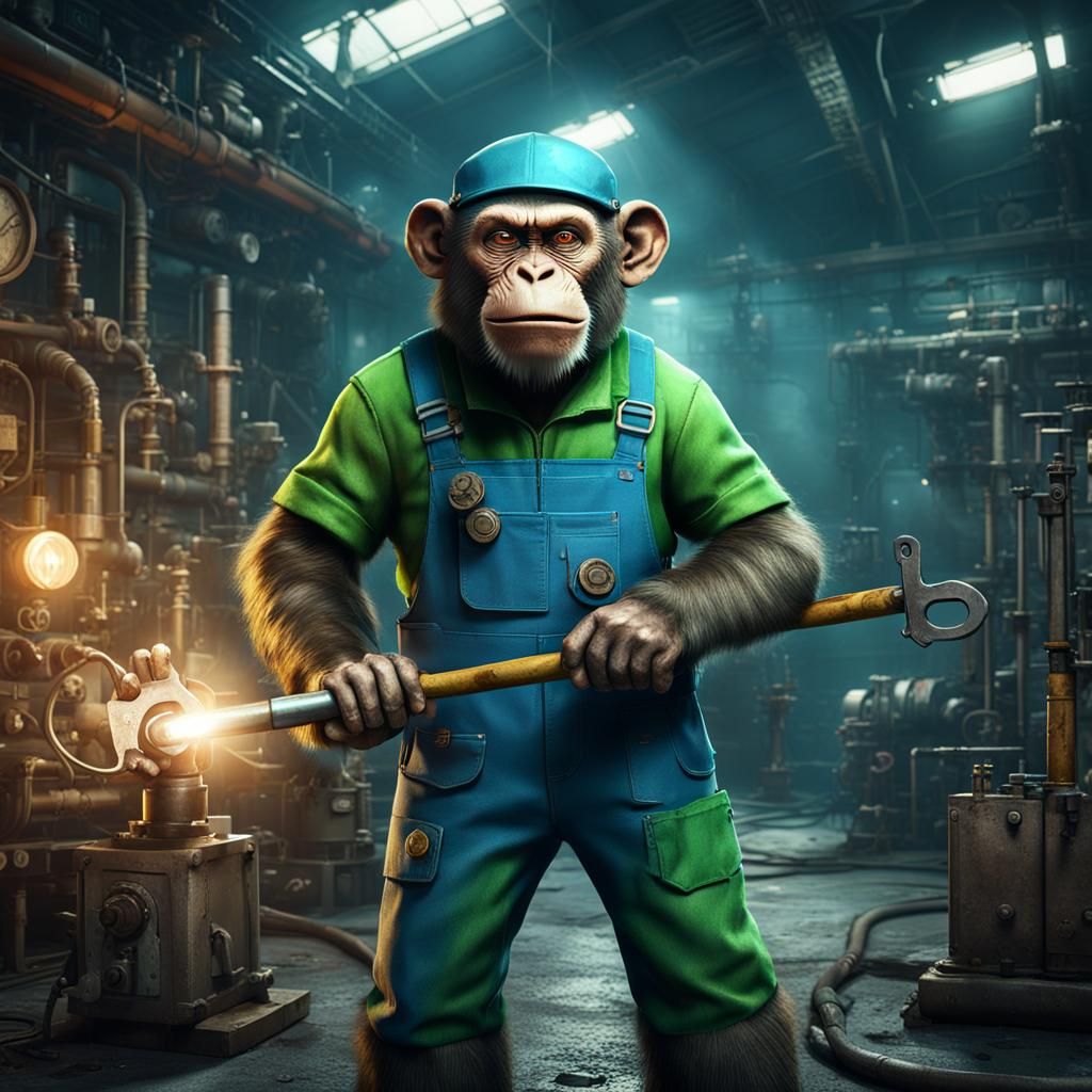 Steampunk Monkey Mechanic in Fantasy Laboratory