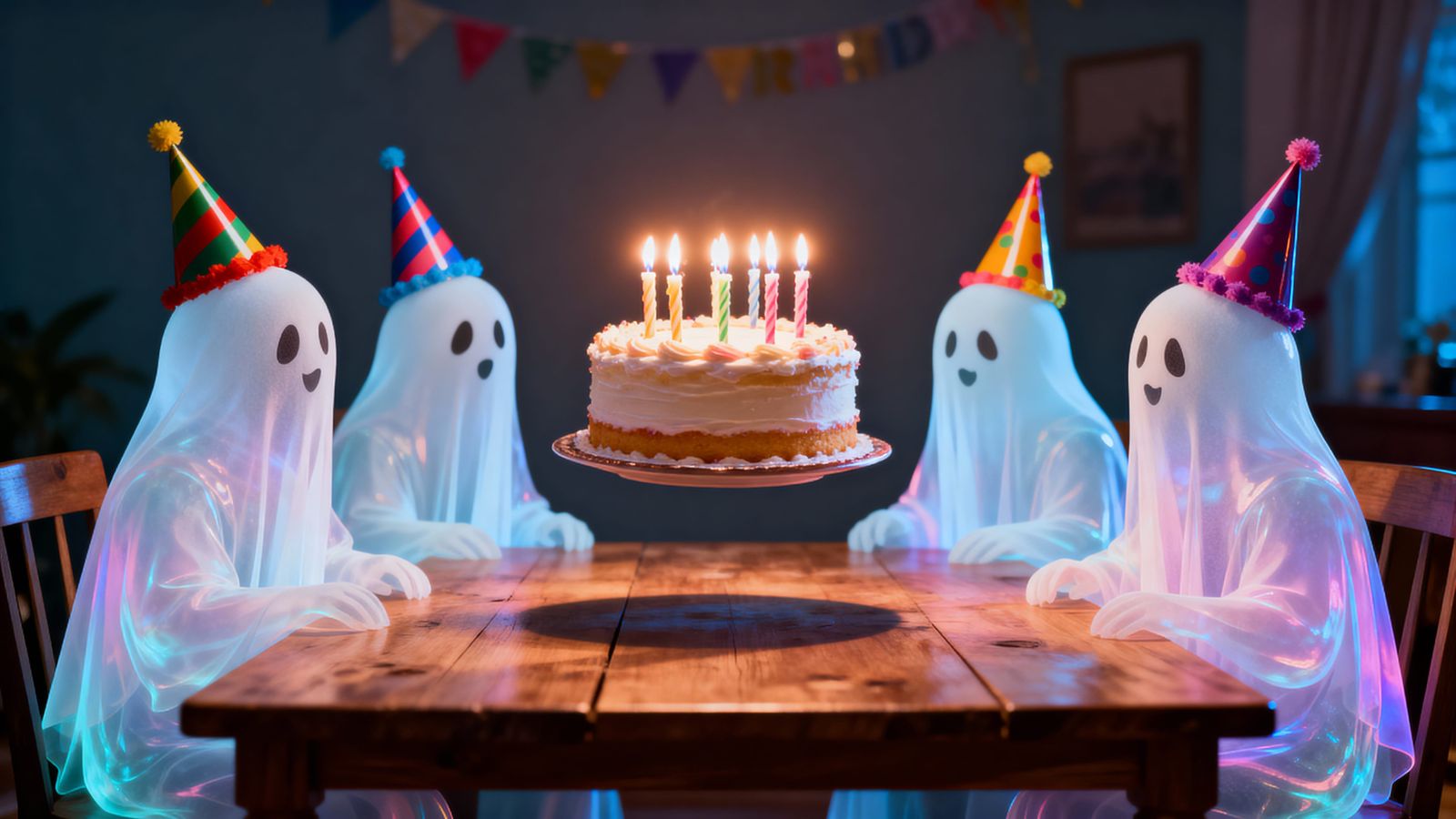 Cute Ghosts Celebrate Birthday Party with Floating Cake