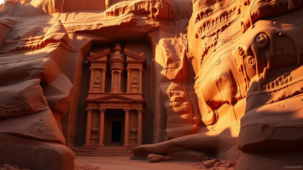 Surreal Chocolate Temple of Petra in Golden Caramel Aestheti...