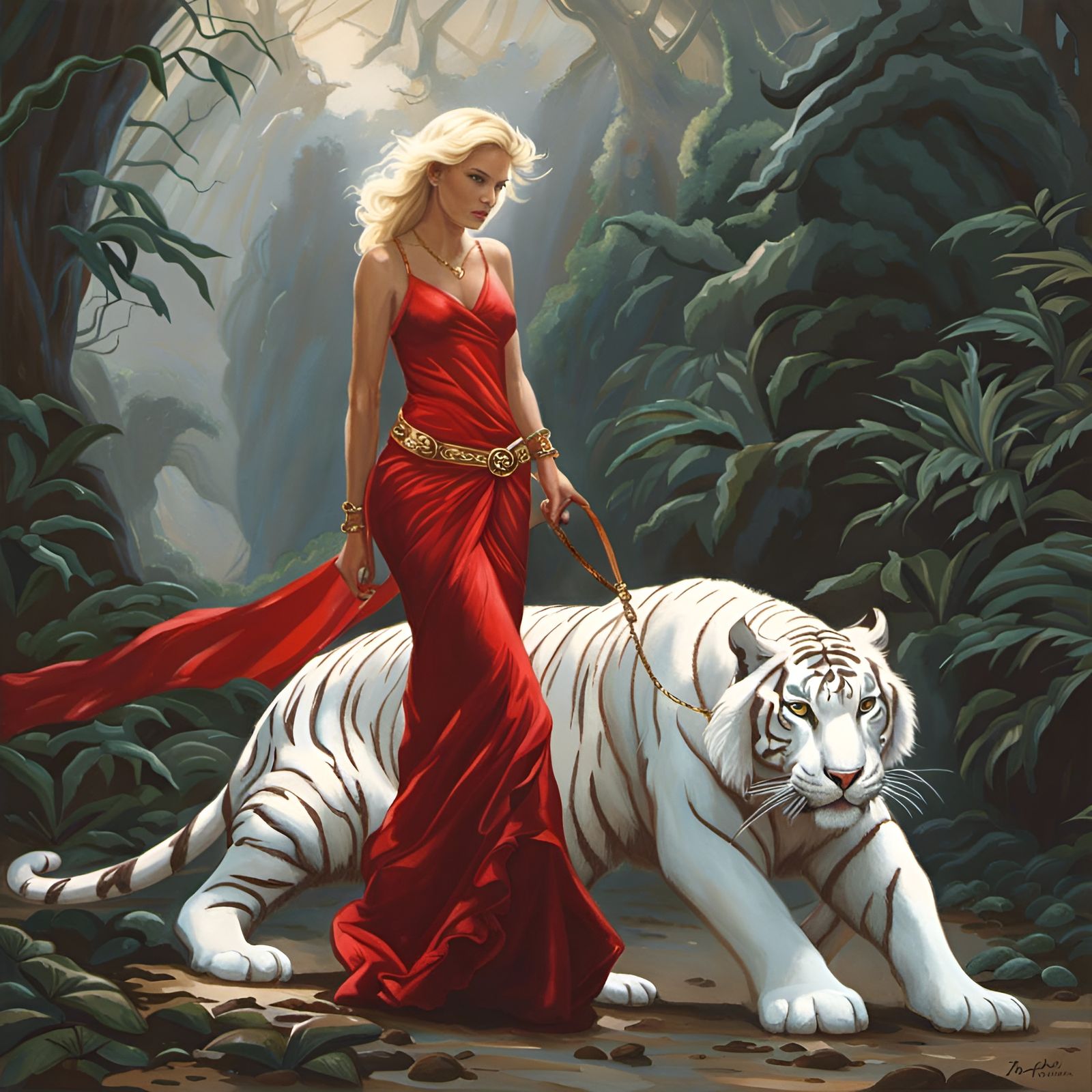 Woman Walks Tiger in Hyperdetailed Digital Painting