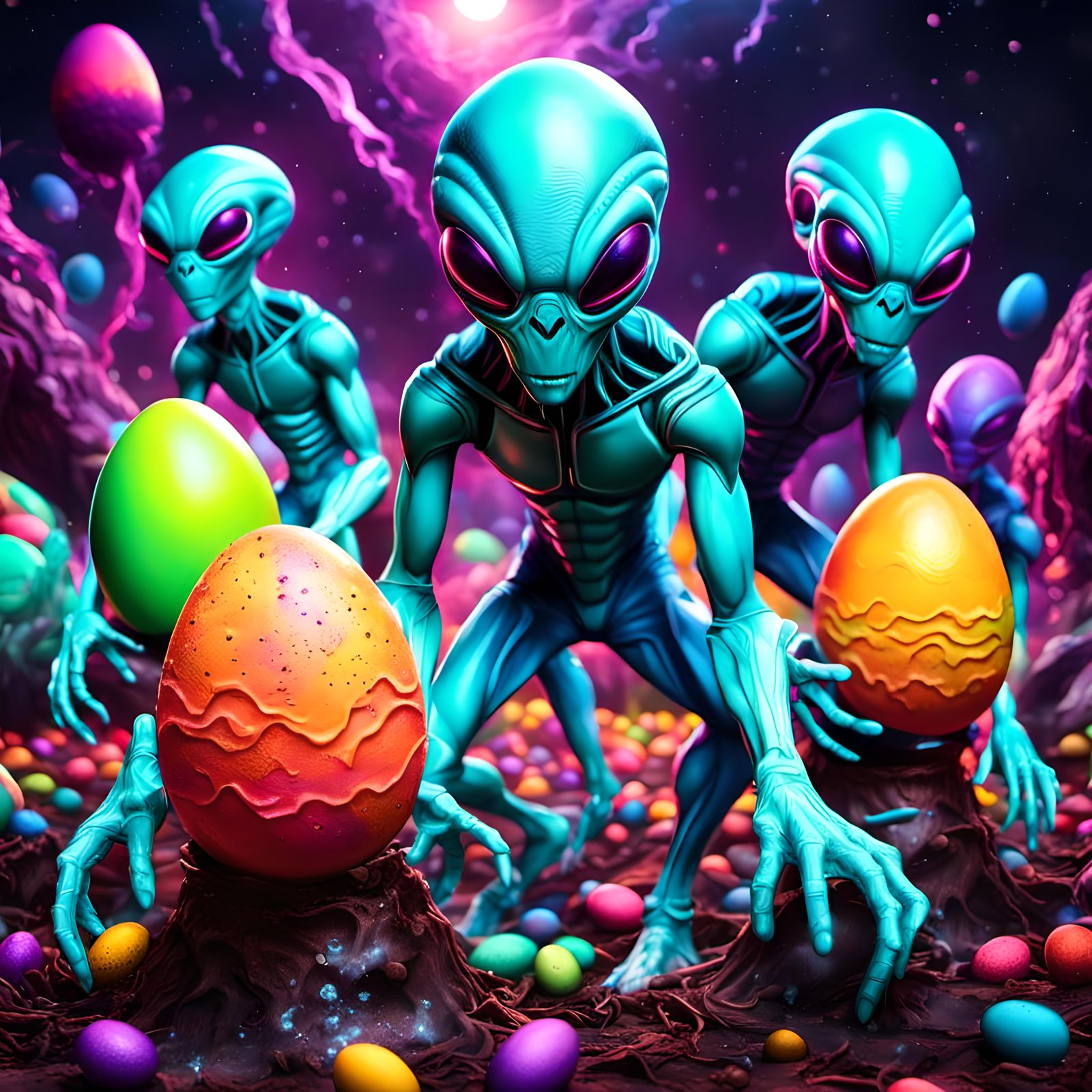 Several aliens on an Easter Egg hunt with alien eggs that are neon colors