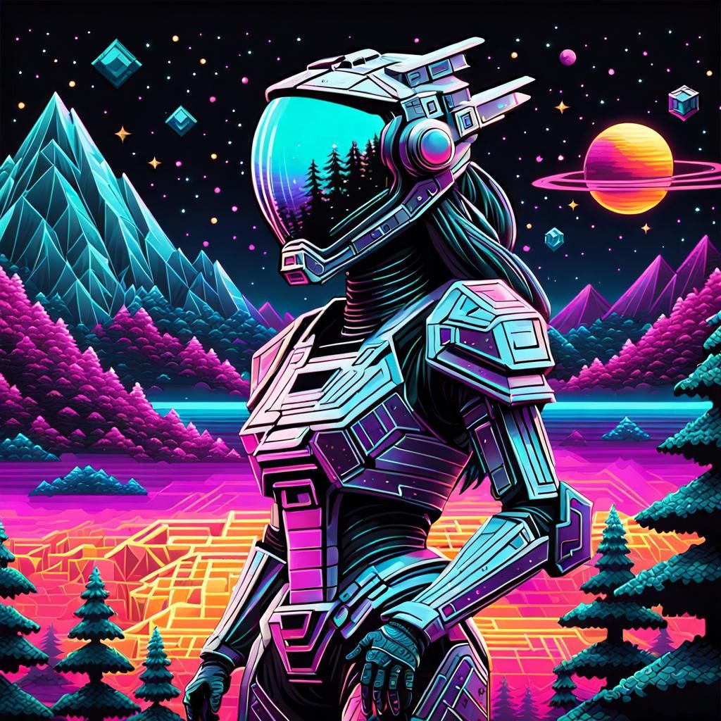 Cosmic Space Girl Rides Dragon in 8-bit Neon Style