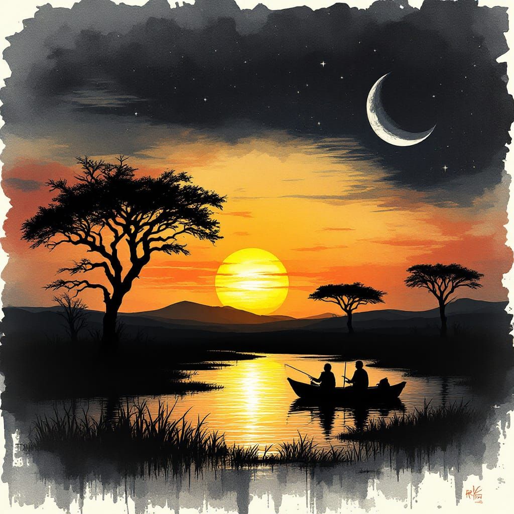 Sunset Fishing Boat Silhouette in Batik and Ink Style