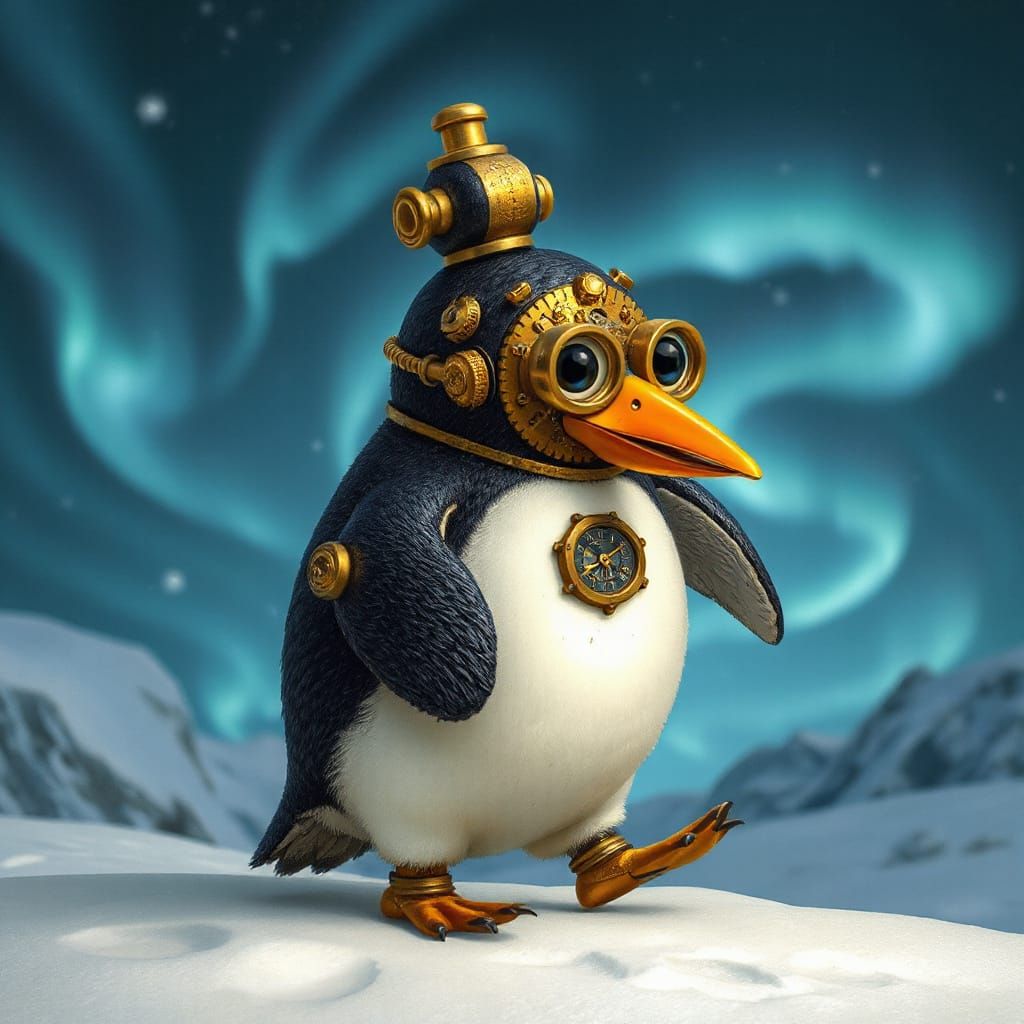 Whimsical Clockwork Penguin in Snowy Aurora Landscape