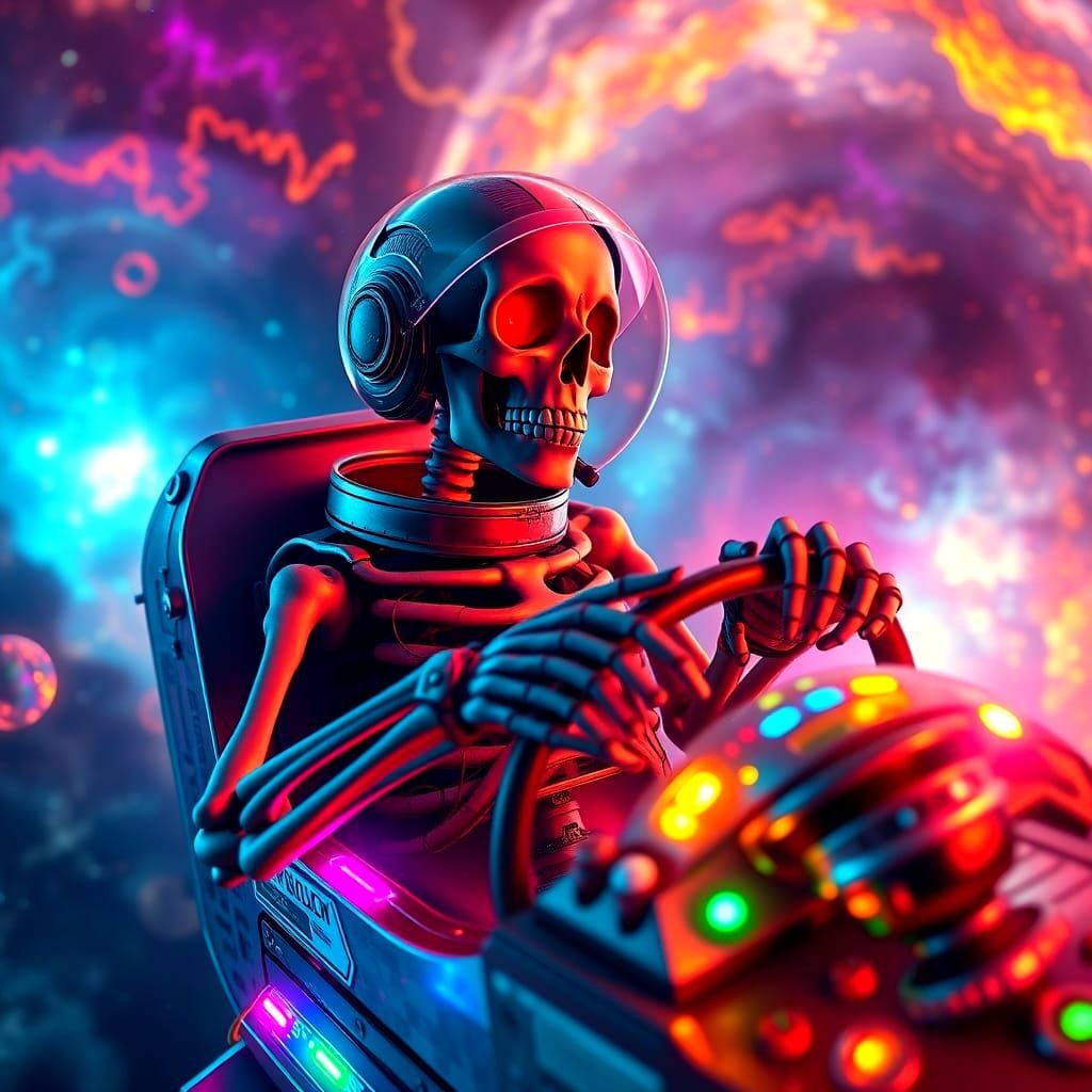Skeleton Astronaut Rocketing Through Nebula