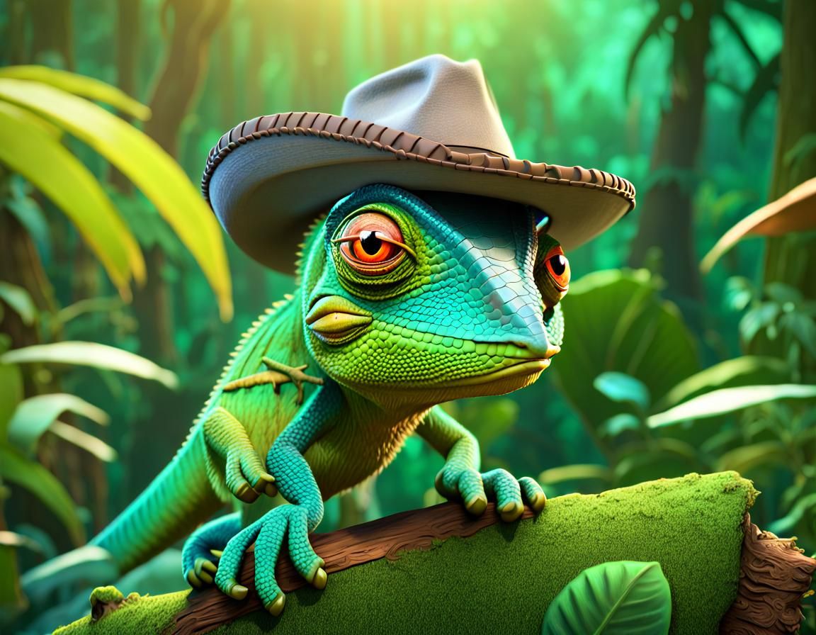 Chameleon Cowboy in Jungle, Pixar-Style 3D Art