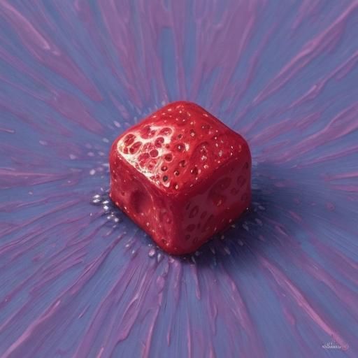 Surreal Strawberry on Cube in Oil Painting Style