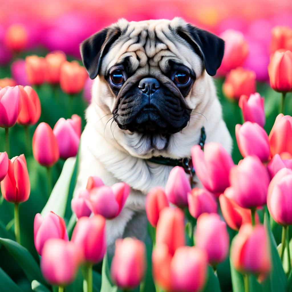 Pug Dog in Tulip Field, Professional Photography