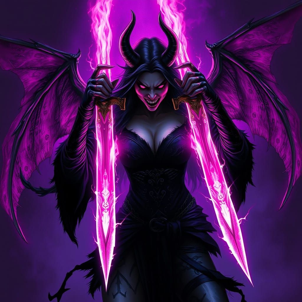 Dark Fantasy Demon Queen with Blazing Swords and Mystical Au...
