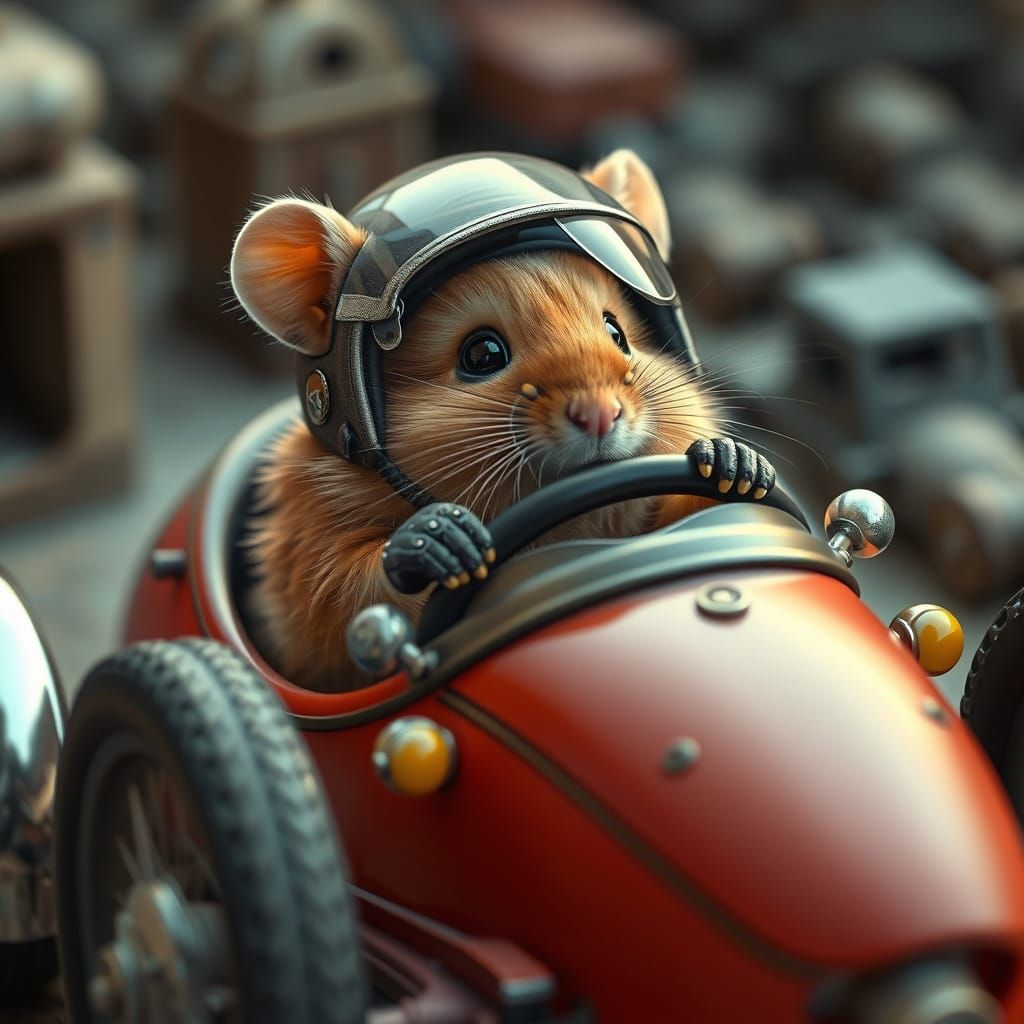 Hyperrealistic Hamster Racer in Detailed Miniature Setting