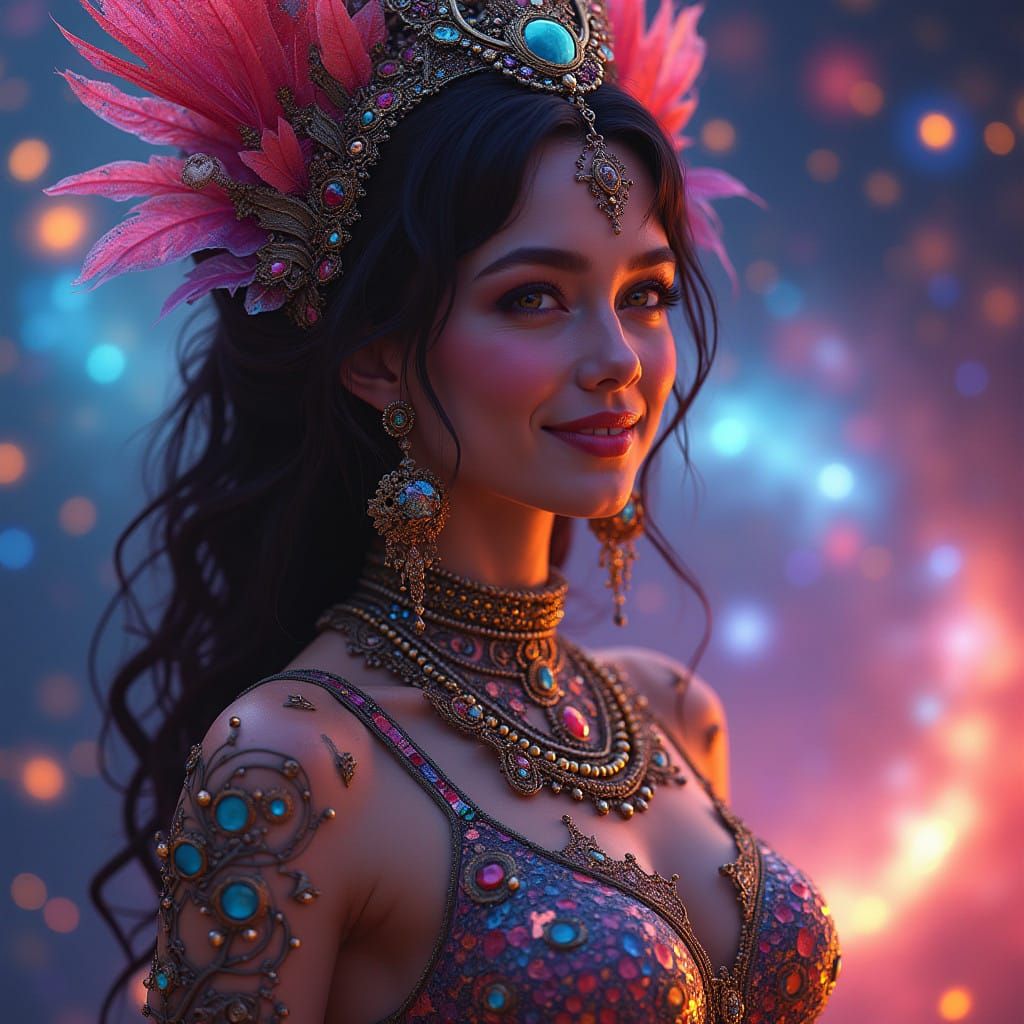 Gorgeous Woman in Vibrant Galaxy Attire, Cinematic UHD Digit...