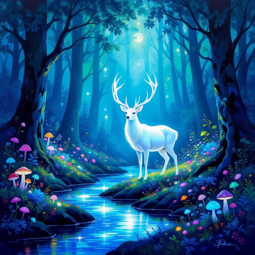 Mystical Glowing Deer in Enchanted Forest Oil Painting