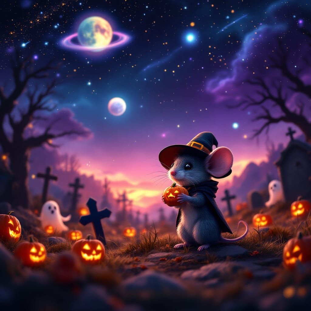 Halloween Chibi Mouse in Graveyard, Hyper-Realistic Photo