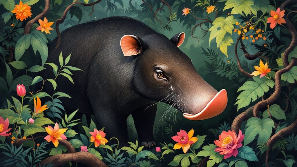 Majestic Tapir in Dreamlike Jungle, Naive Art Style