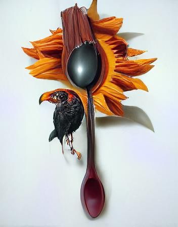 Hyperrealistic Crow on Sunflower Spoon Branch