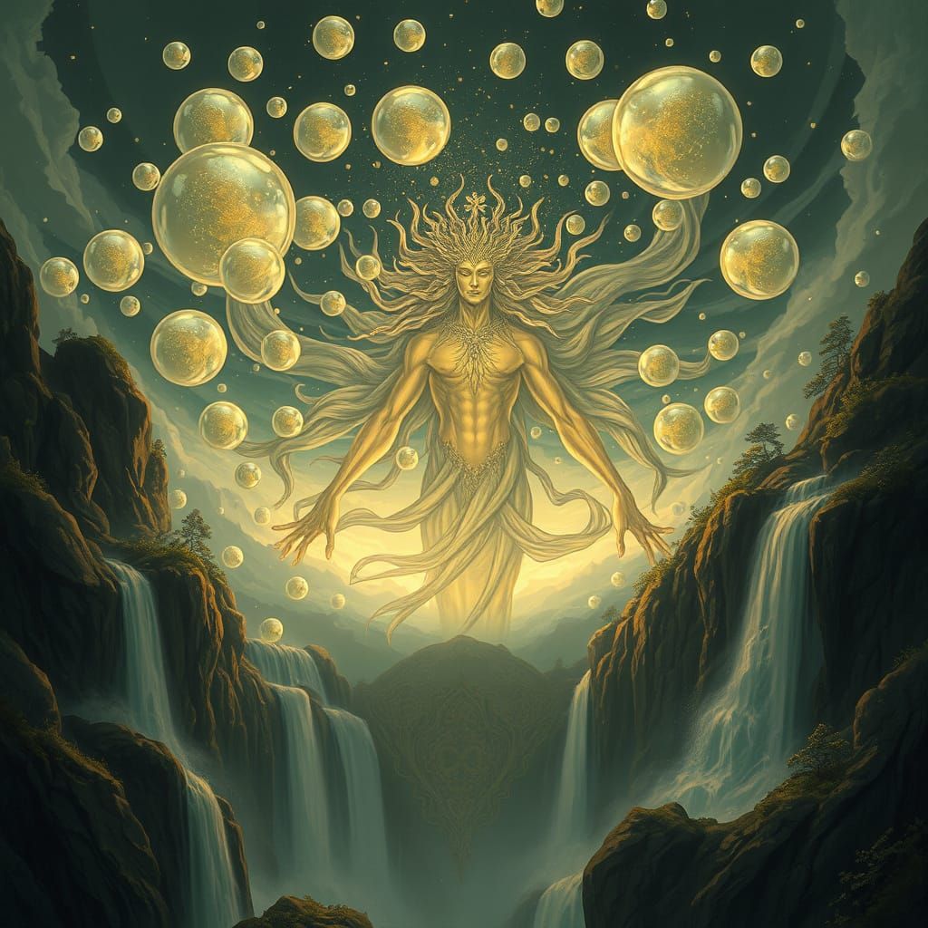 Ethereal Spirit Emerges in Dreamlike Art Nouveau Landscape