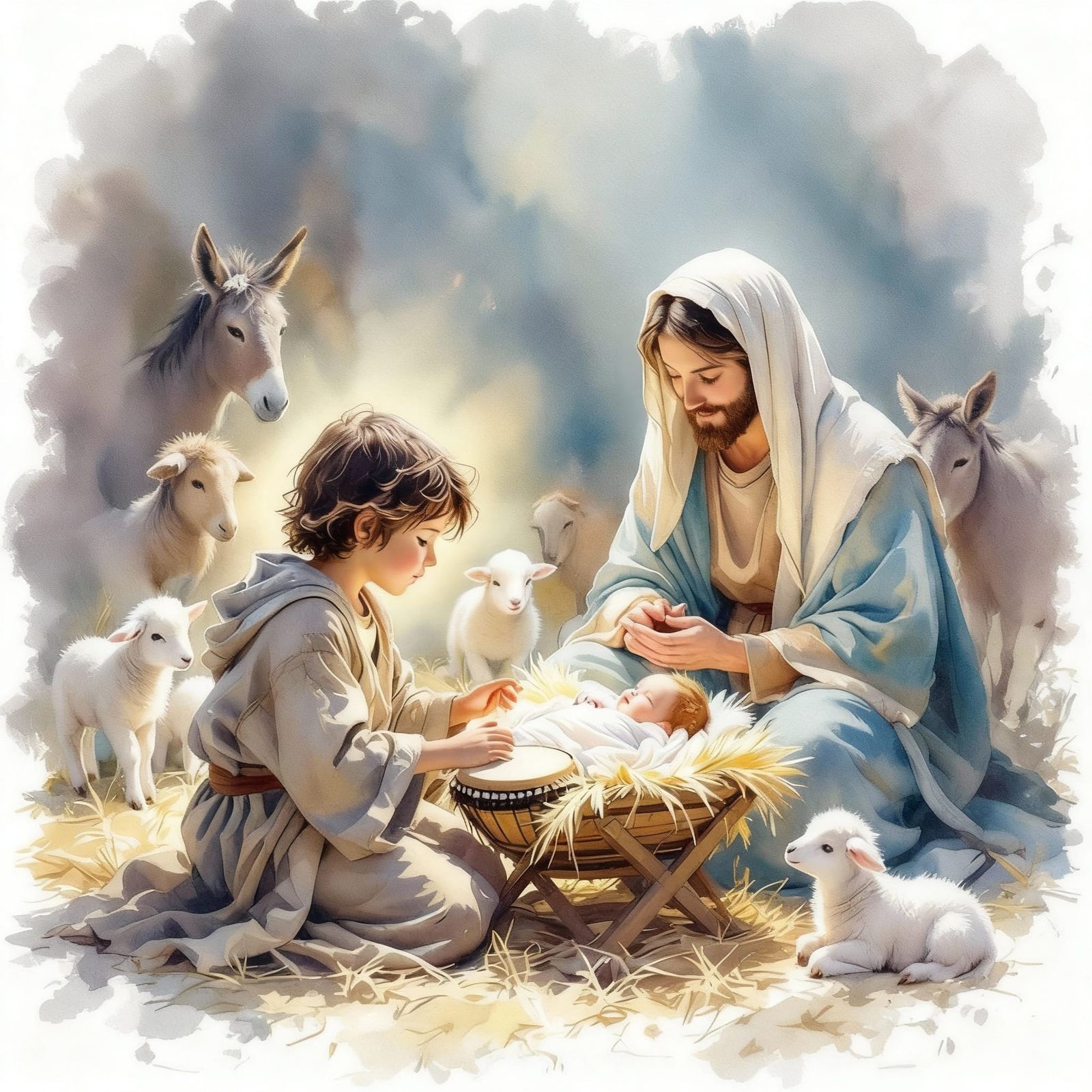 Boy Plays Drum for Baby Jesus in Pastel Tones