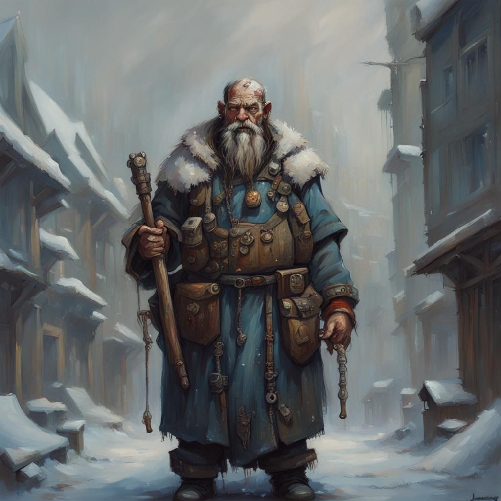 Fantasy Dwarf Shaman in Snowy Slavic City