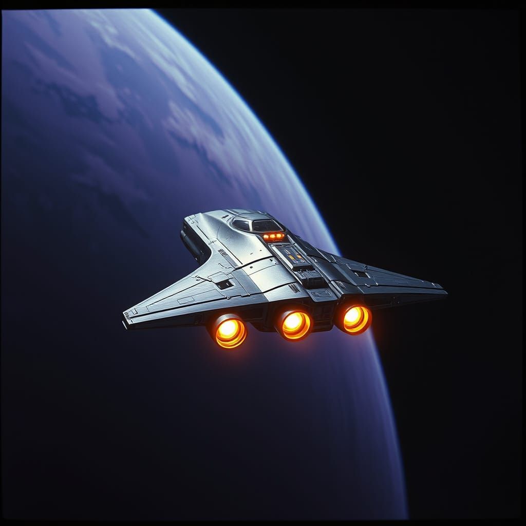 Sleek Metallic Spaceship Suspended in Cosmic Blackness