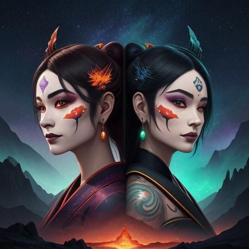 Geishas with Fiery Faces in Fantasy Landscape