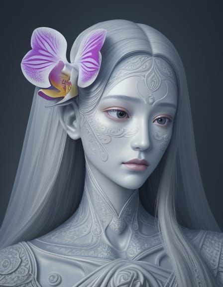 Surreal Giant Orchid Statue with Ethereal Face, Digital Pain...