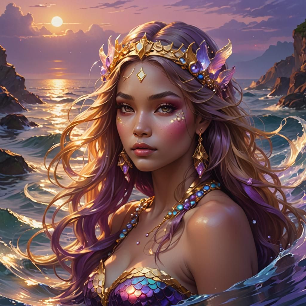 Golden Mermaid Watching Sunset, Hyperdetailed Digital Art