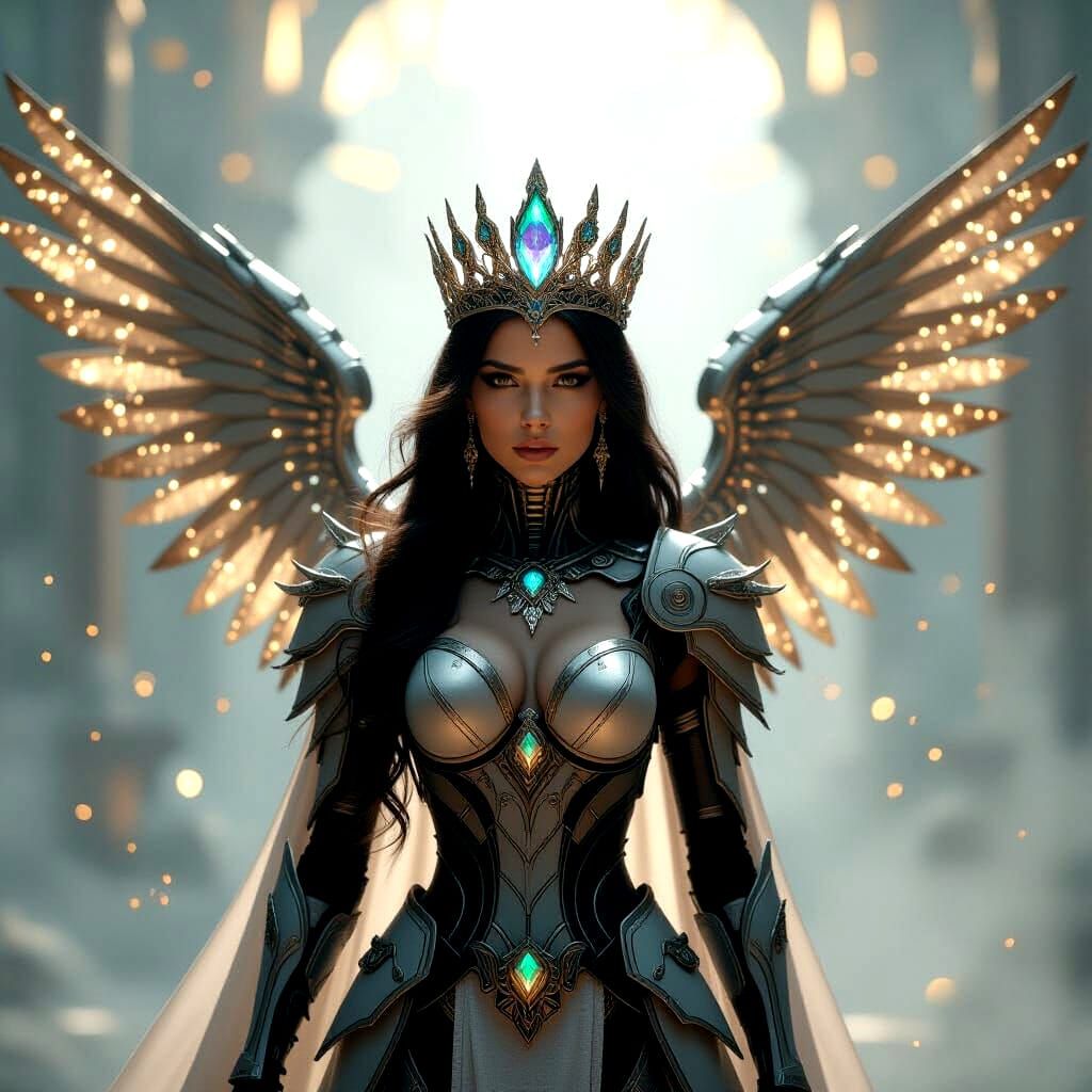 Cyborg Queen with Crystal Crown and Mechanical Wings