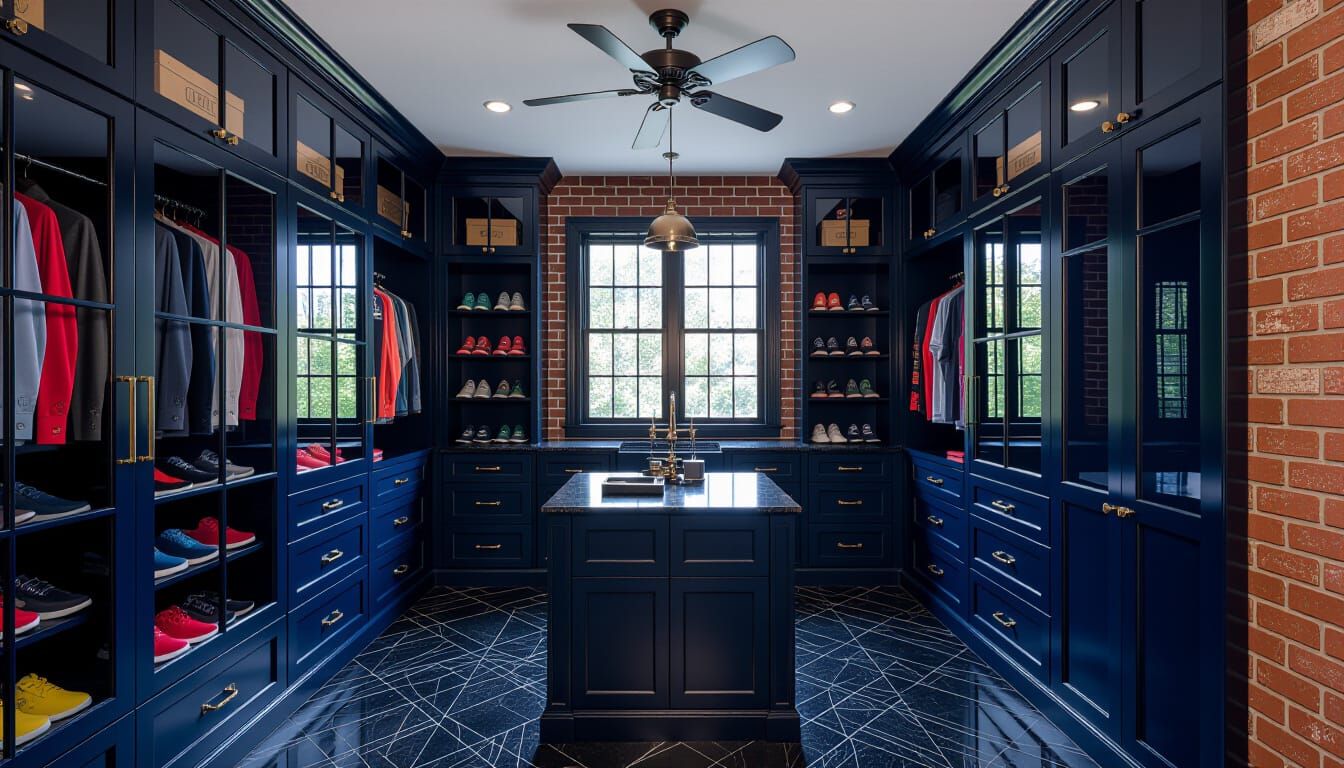 Victorian Walk-In Closet: Dark Blue & Brick Style