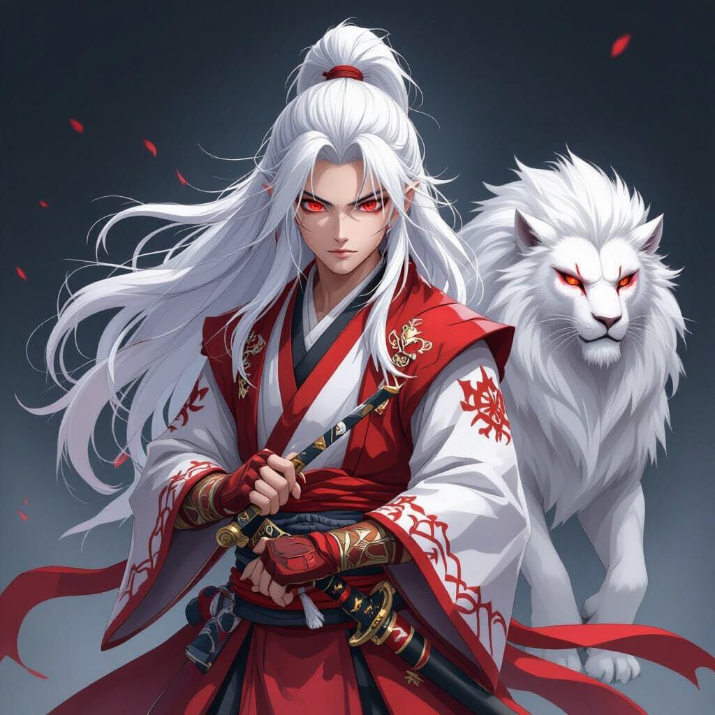 Anime Samurai Warrior with Dragon, Surrealist Digital Art