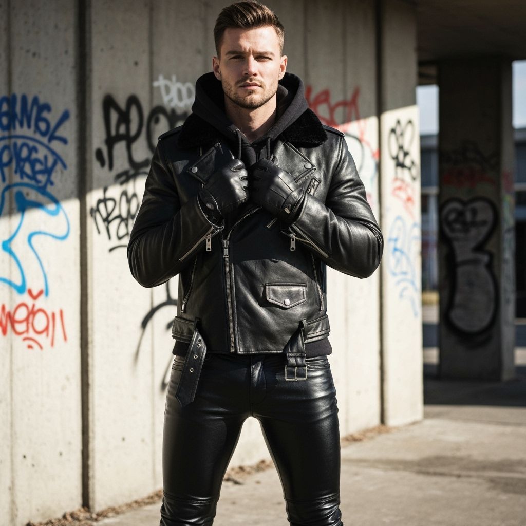 Confident Man in Leather Jacket and Gloves