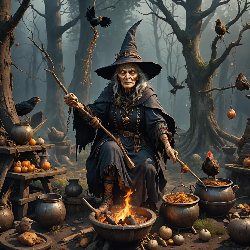 Baba Yaga Witchcraft Scene in Russian Fairy Tale Style