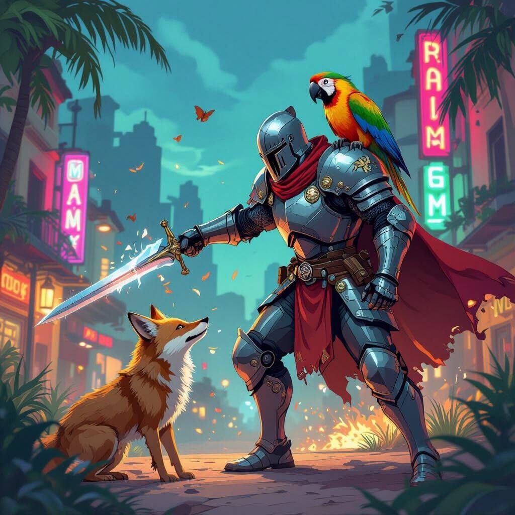 Knight and Parrot Attack Coyote in Rio, Comic Book Style