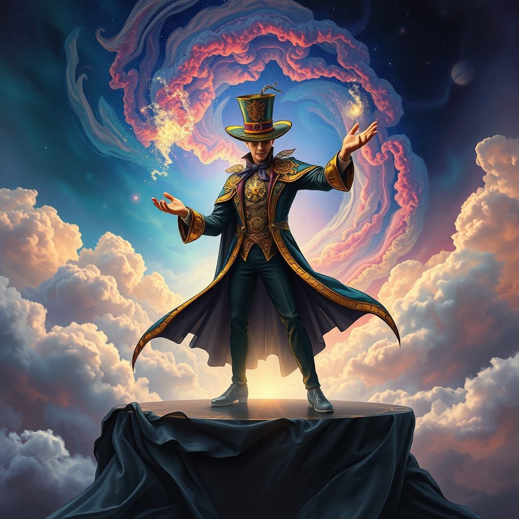 Steampunk Magician's Nebula Illusion in Art Nouveau Style