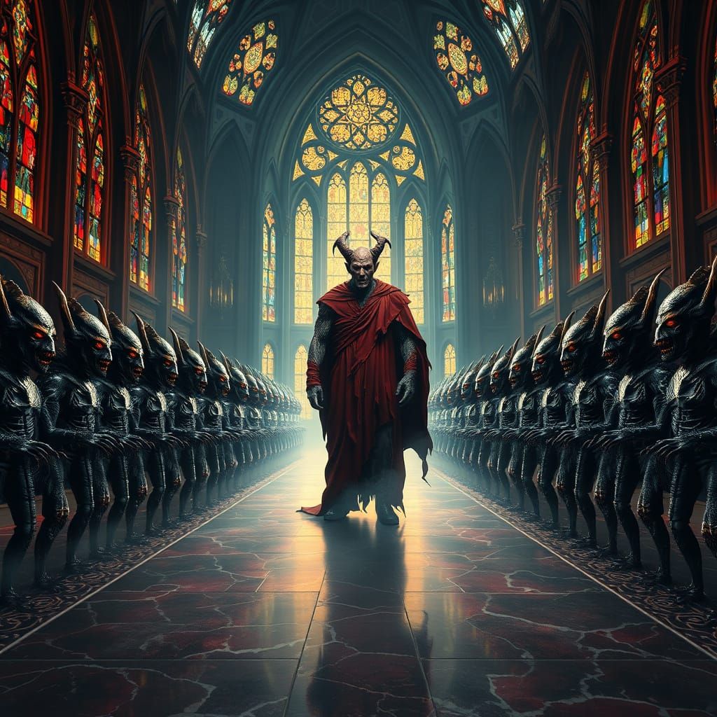 Satan Surrounded by Twisted Minions in Dark, Gothic Palace