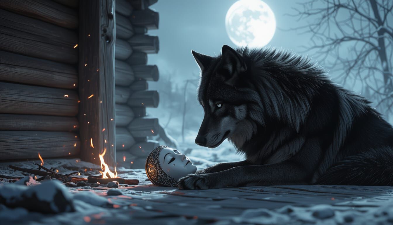 Black Wolf in Moonlit Longhouse Touching Falling Mask